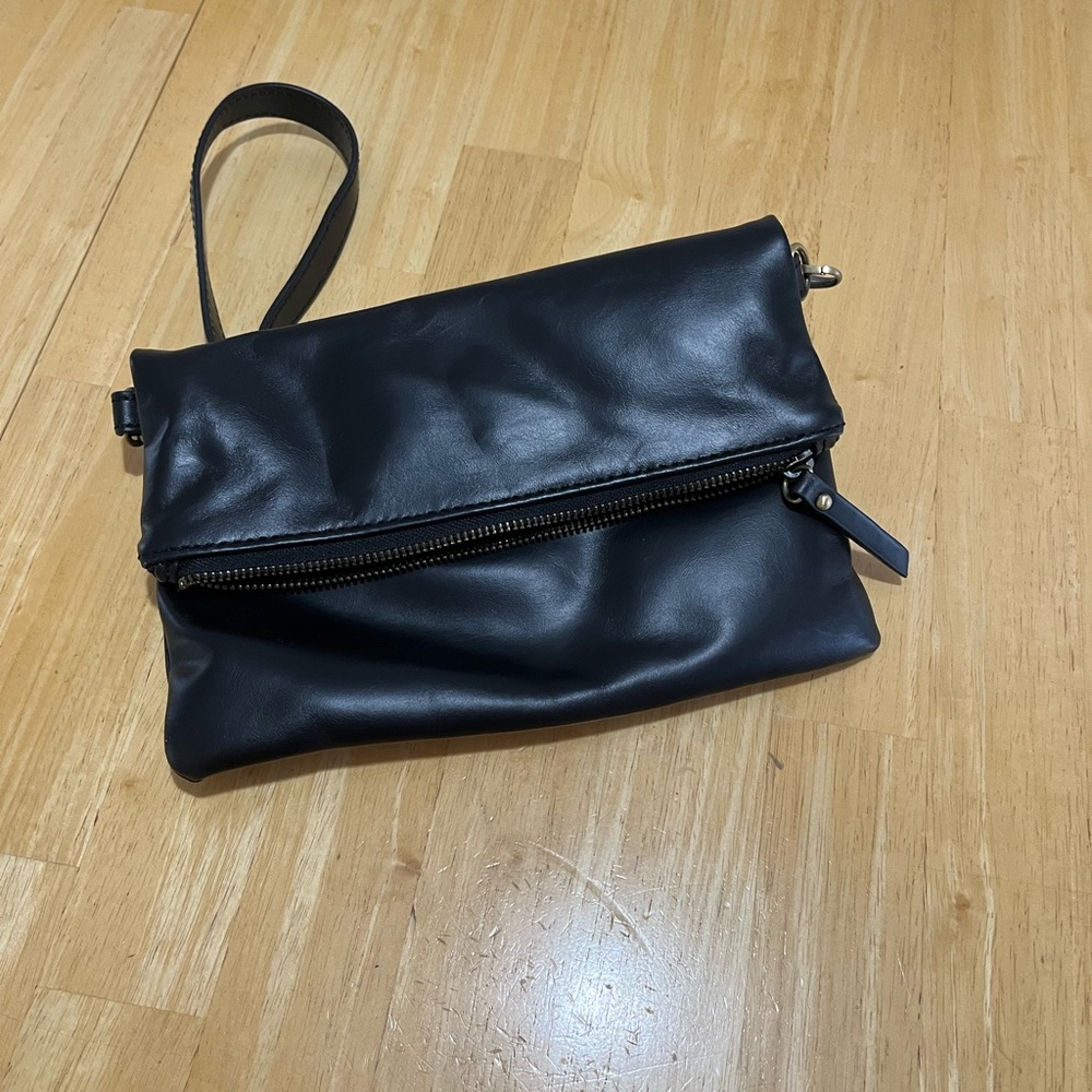 Black Leather Fold-Over Crossbody Wristlet